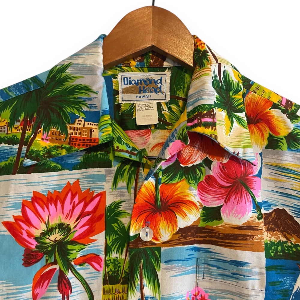 Diamond Head Hawaiian Shirt Men's Small All Over Print Island Sailboat Floral - Picture 2 of 6